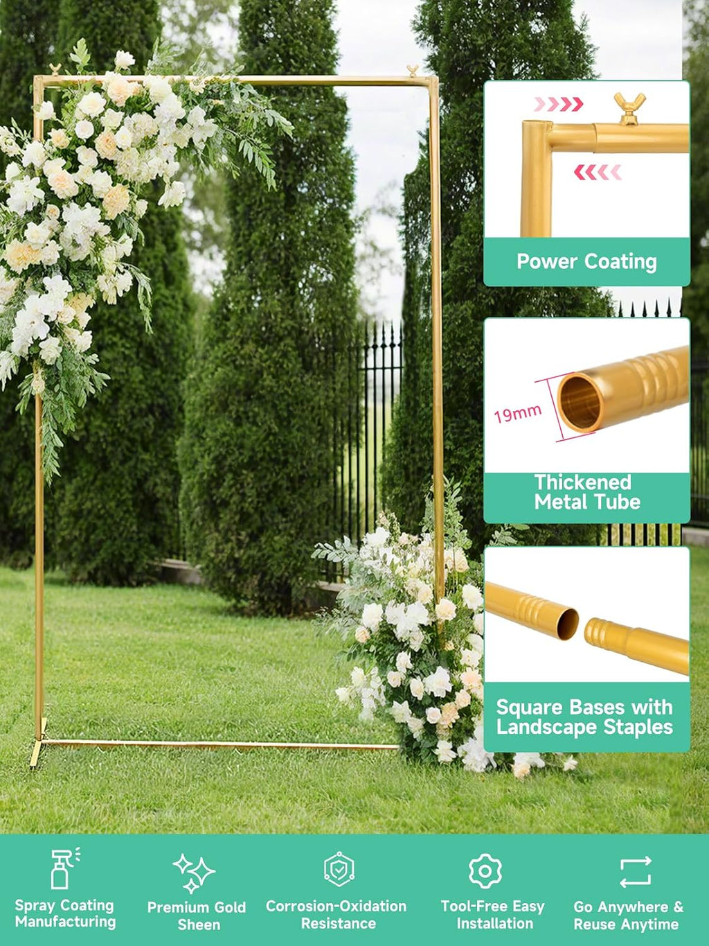 Gold Wedding Arch Backdrop Stand, 6.6 * 3.3FT Square Backdrop Stand Balloon Flower Metal Frame for Ceremony