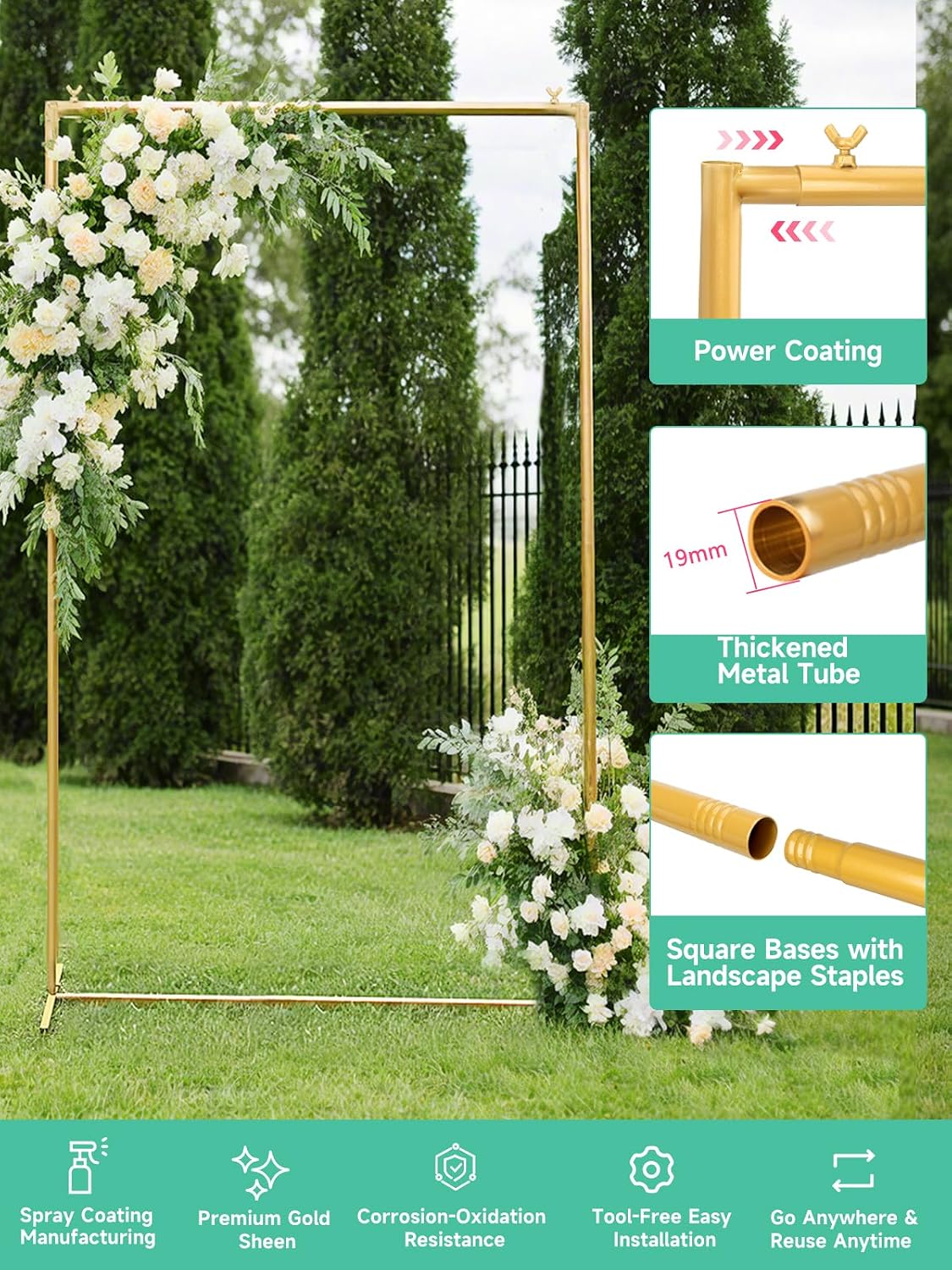 Gold Wedding Arch Backdrop Stand, 6.6 * 3.3FT Square Backdrop Stand Balloon Flower Metal Frame for Ceremony