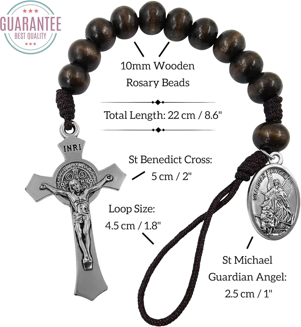 Saint Benedict Medal Crucifix One Decade Pocket Rosary Wood Bead
