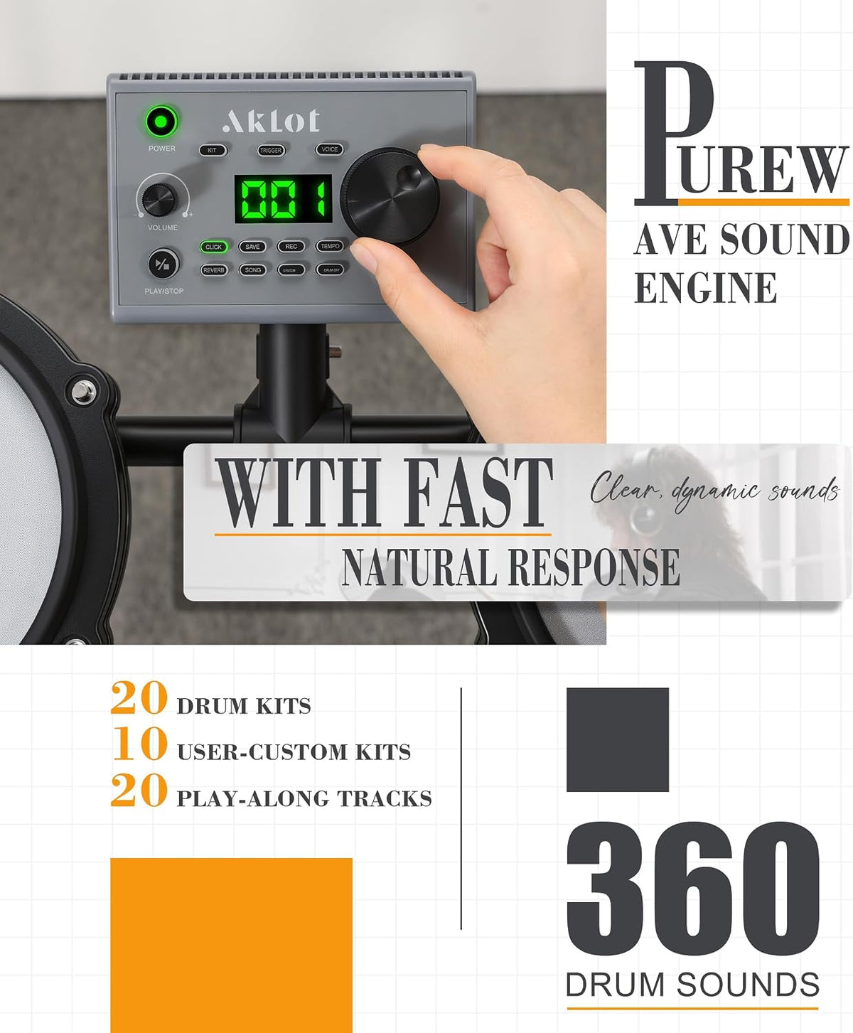 Complete Electric Drum Set: 4 Dual-Zone Mesh Pads, Quiet Electronic Drum Set for Beginner with 8'' Snare, 360 Sounds