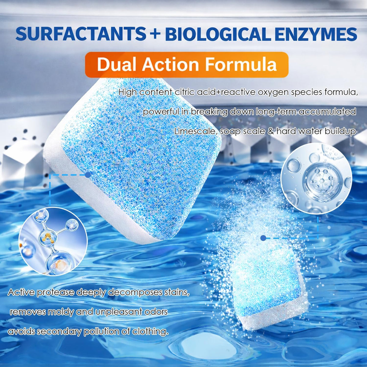 Enzyme Washing Machine Cleaner Tablets (24 Pack) – Protease Laundry Machine Cleaner for HE, Front Load & Top Load