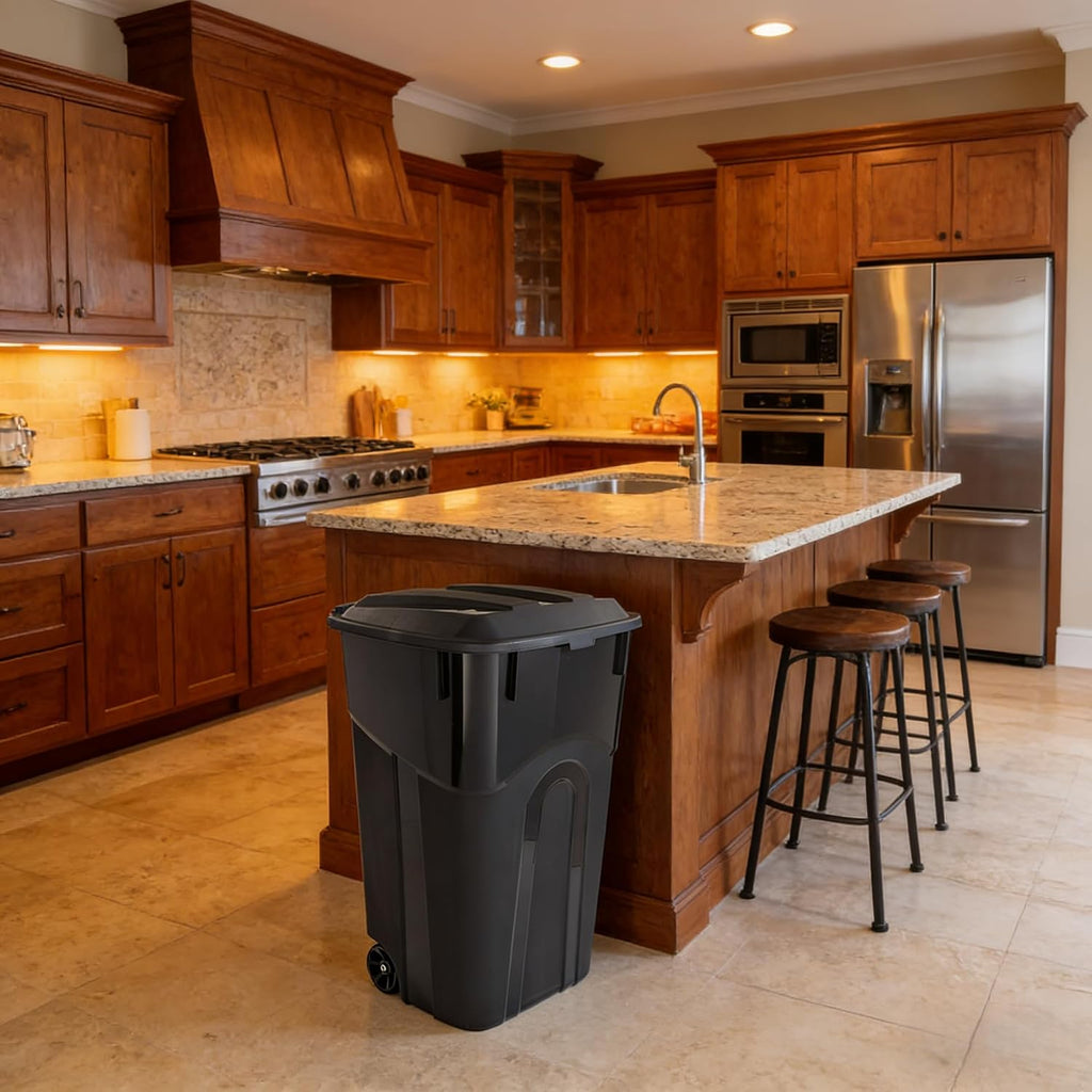 32 Gallon Wheeled Outdoor Garbage Can, Black Large Capacity Garbage Bin with Lid, Attached Snap Lock Lid and