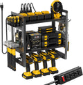 Power Tool Organizer Wall Mount with Charging Station, 3-Tier Heavy Duty Metal Tool Rack with 4 Drill Holders and 6FT