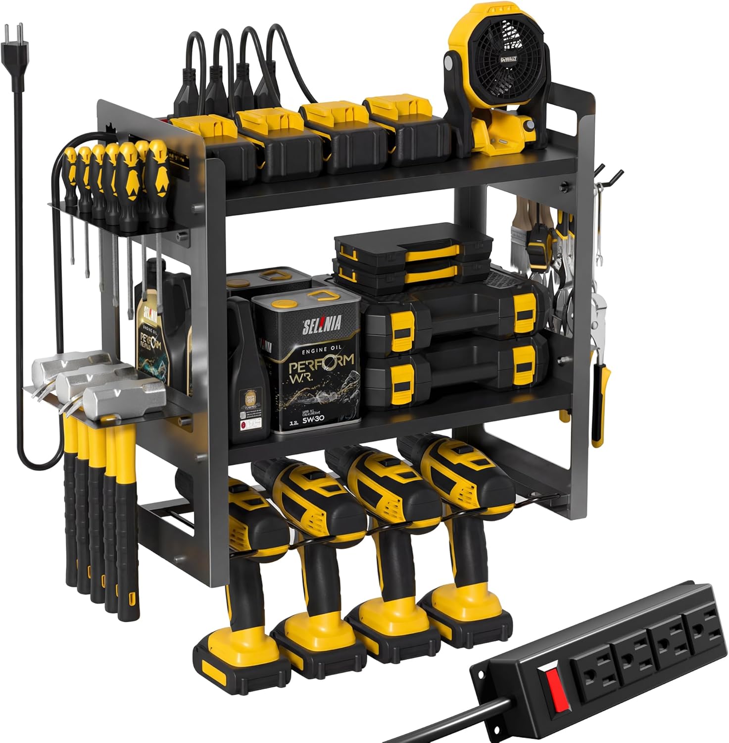 Power Tool Organizer Wall Mount with Charging Station, 3-Tier Heavy Duty Metal Tool Rack with 4 Drill Holders and 6FT