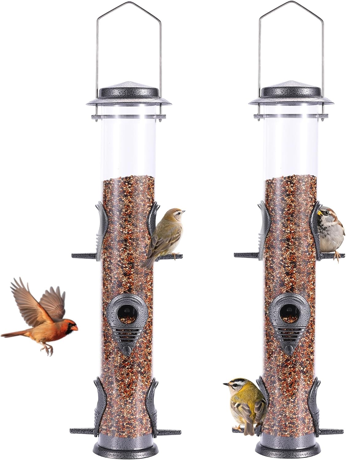 2PK Metal Bird Feeders with 6 Feeding Ports,Tube Bird Feeder with Steel Hanger,Hard Plastic Wild Bird Feeder for