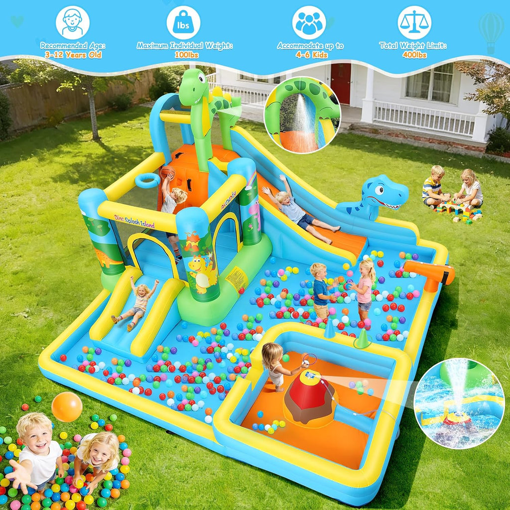 Inflatable Water Slide,13 in 1 Dinosaur Themed Bounce House Water Park for Kids 3-12 with Dual Big Splash Pool&Long