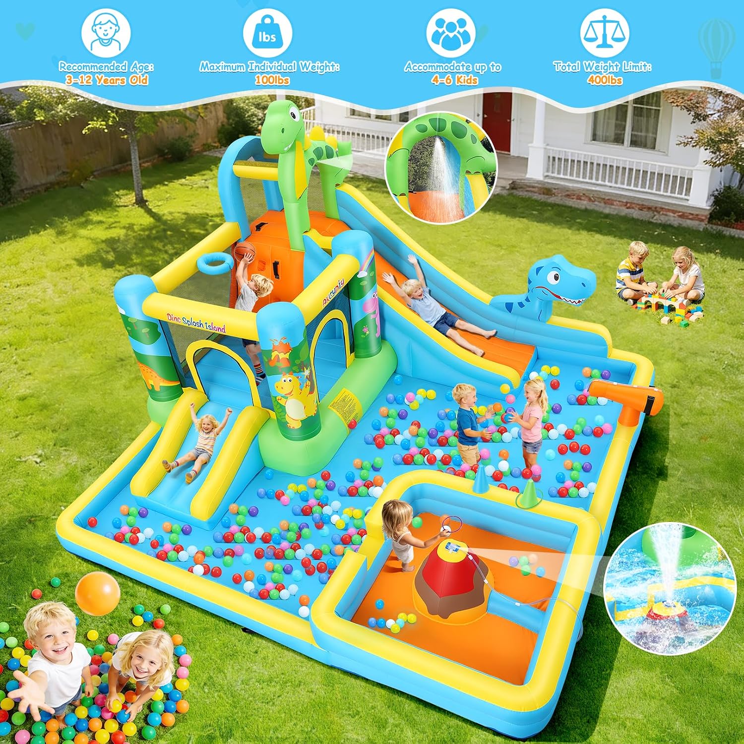 Inflatable Water Slide,13 in 1 Dinosaur Themed Bounce House Water Park for Kids 3-12 with Dual Big Splash Pool&Long