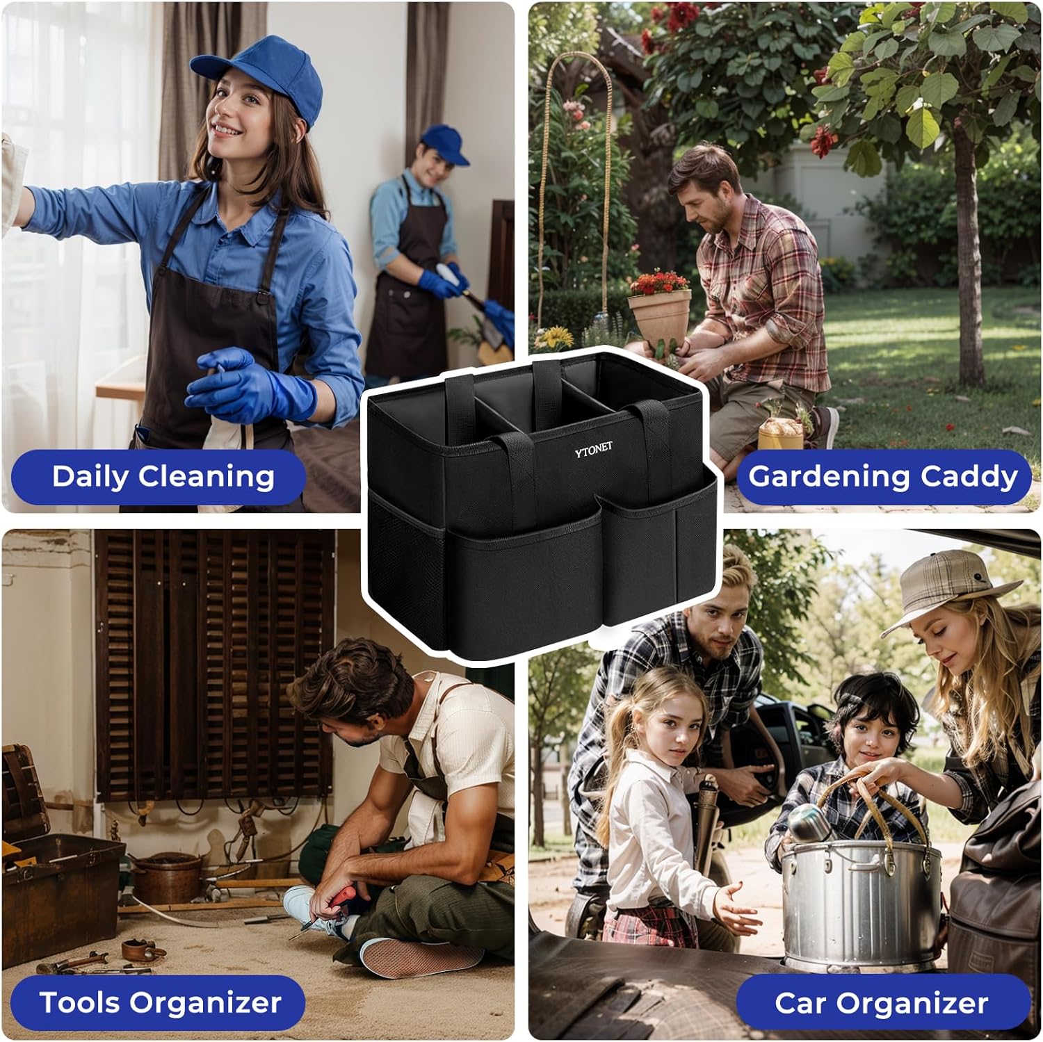 Cleaning Caddy, Water Resistant Cleaning Supplies Organizer with Handle & Foldable Divider for Cleaners, Housekeeping