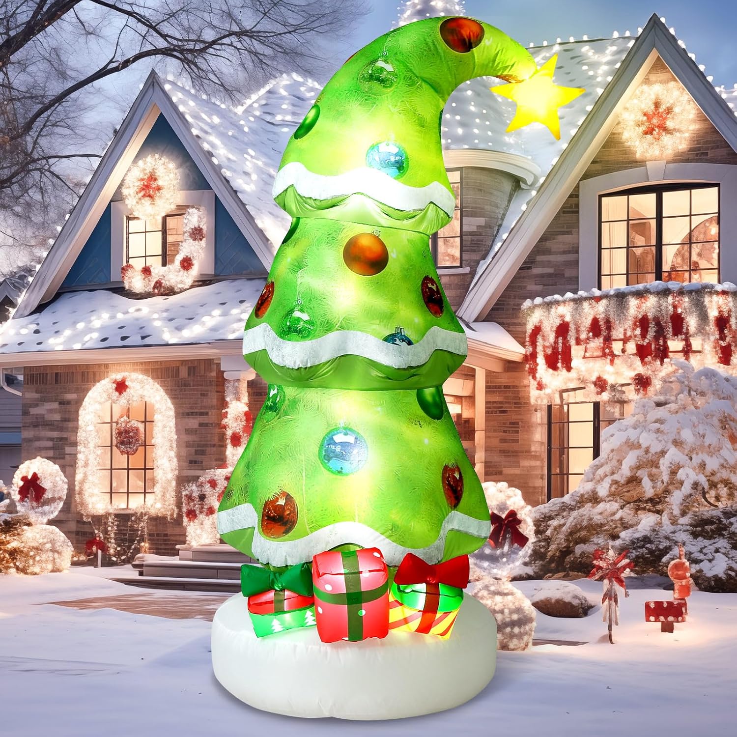 6.9ft Christmas Outdoor Inflatable Decorations Signs Lime Green Blow up Whimsical Christmas Tree with Ball Built-in