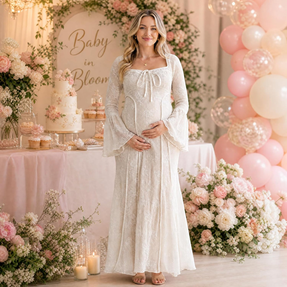 Square Neck Bell Sleeve Lace Maternity Dress Floral Sheer Mesh Fishtail Maxi Gown Tie Front Bodycon for Baby Shower