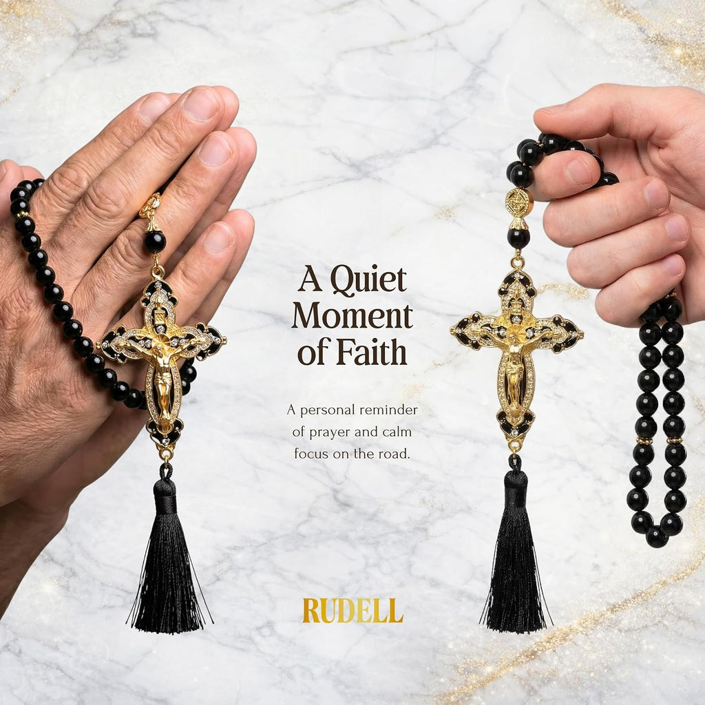 Catholic Car Rosary for Rearview Mirror, Black 40-Bead Rosary with Saint Benedict Cross, Cross for Car Mirror