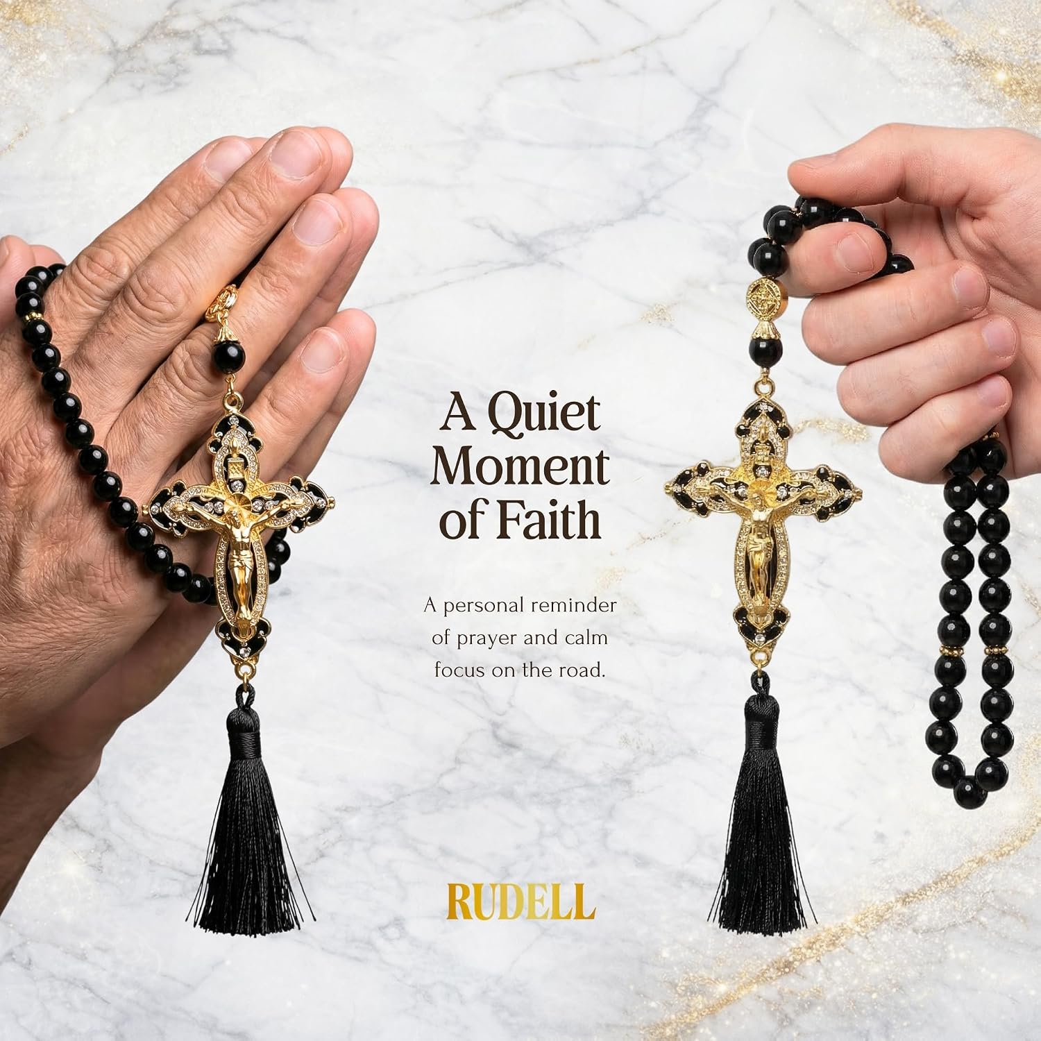 Catholic Car Rosary for Rearview Mirror, Black 40-Bead Rosary with Saint Benedict Cross, Cross for Car Mirror