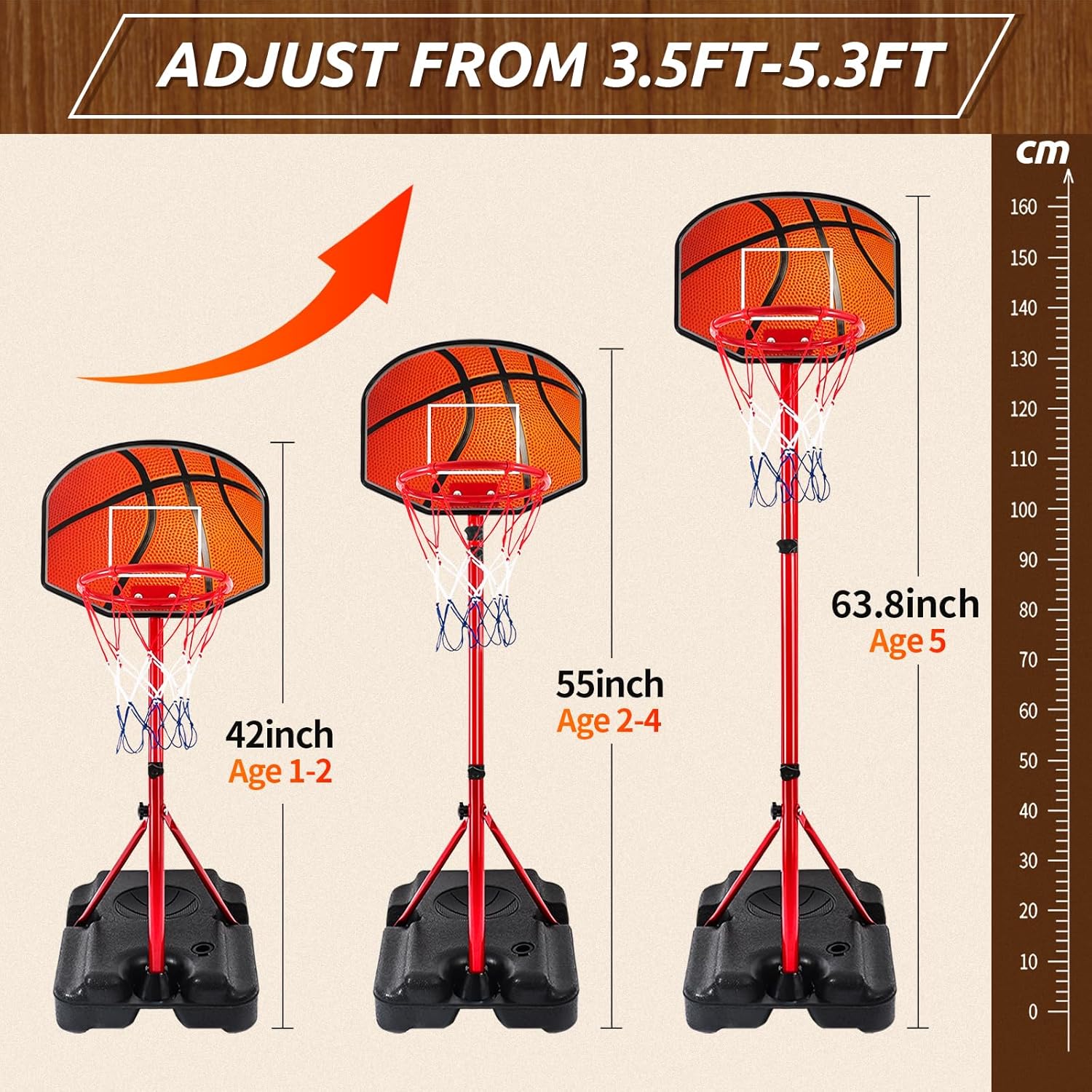 Kids Basketball Hoop for 3 4 5 6 Year Old Stand Adjustable Height 3.5ft-5.3ft Toddler Boy Basketball Hoop Indoor Mini