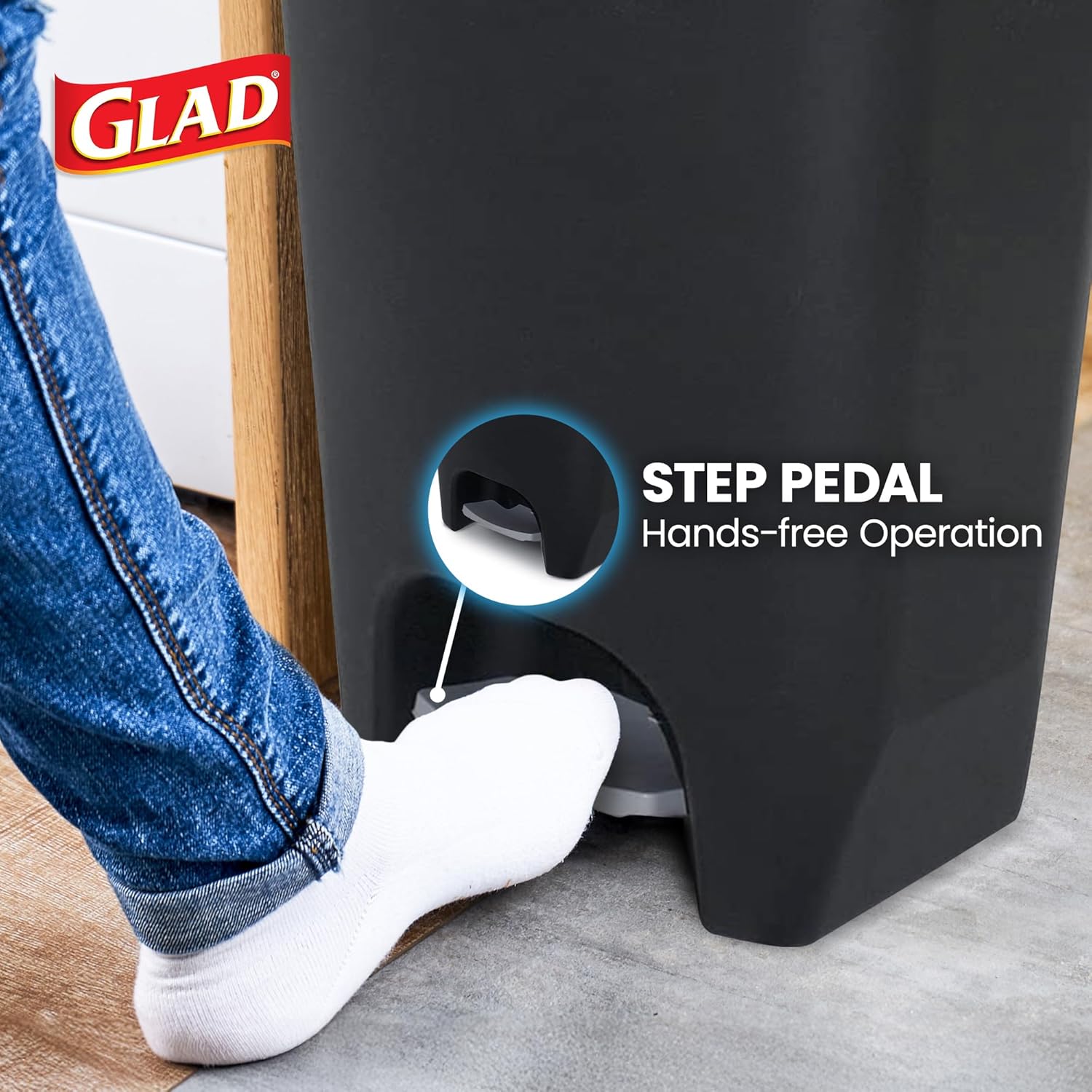 Kitchen Trash Can with Lid, Foot Pedal and Garbage Bag Rings, 13 Gal, Black