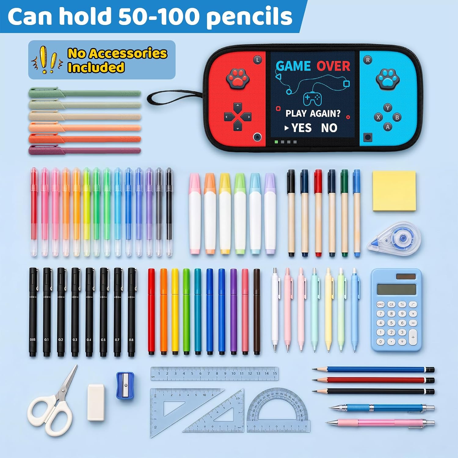 Game Controller Pencil Case for Boys Kids Teens, Large Capacity Pencil Pouch with 3 Compartments, 7 Pockets and Label