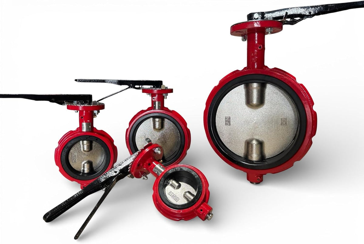 8" Butterfly Valve, Wafer, 200 Psi, Ductile Iron Body, Square Stem 7/8", Red