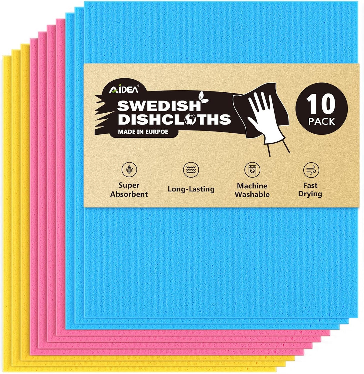 Swedish Dishcloths for Kitchen 10PK, Reusable Paper Towels 7"x6"