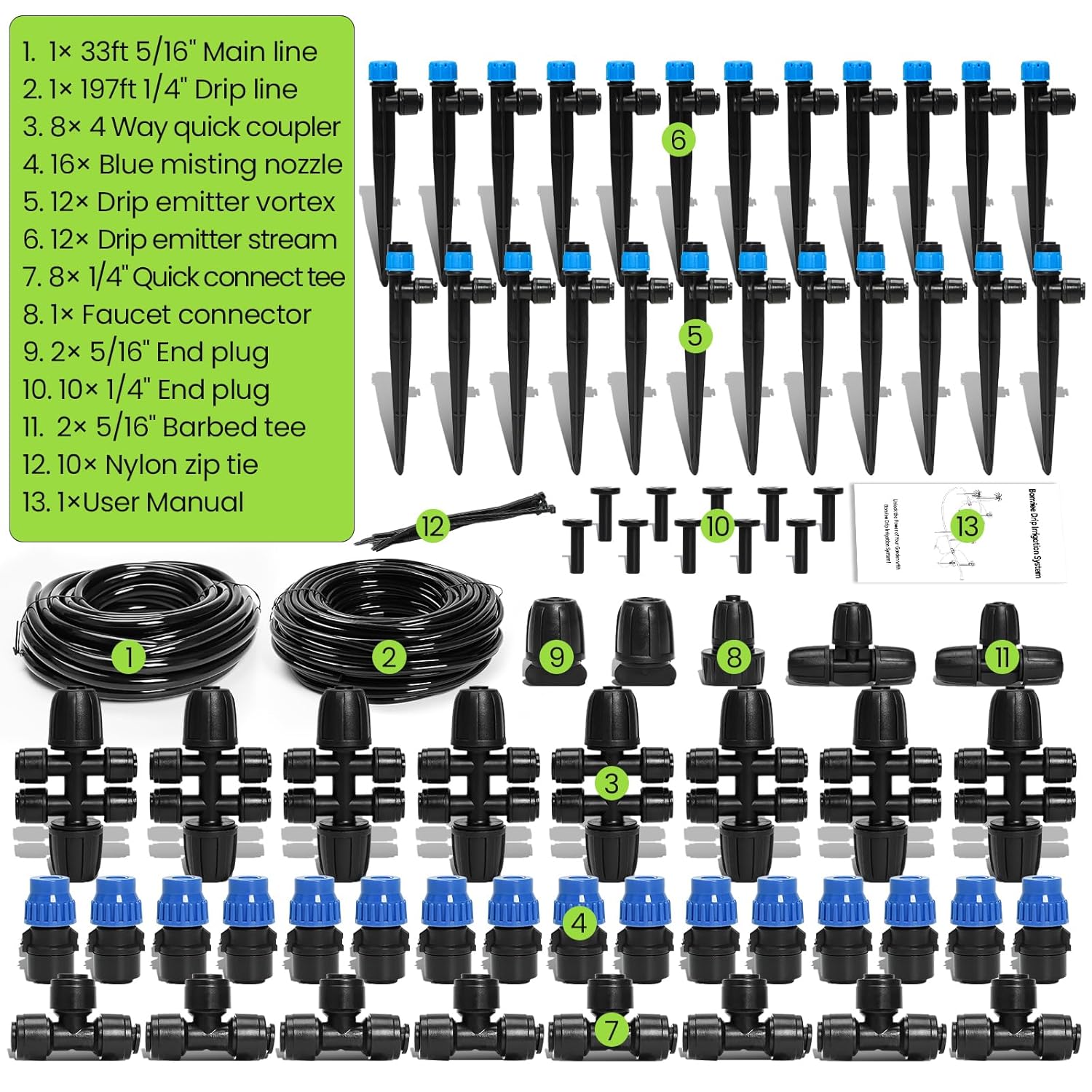 Drip Irrigation System 230FT – Quick Connect Garden Watering Kit with Adjustable Drip Emitters, 1/4” & 5/16” Tubing