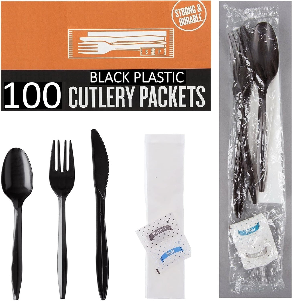 100 Plastic Cutlery Packets - Knife Fork Spoon Napkin Salt Pepper Sets | Black Silverware Sets Individually Wrapped