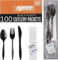 100 Plastic Cutlery Packets - Knife Fork Spoon Napkin Salt Pepper Sets | Black Silverware Sets Individually Wrapped