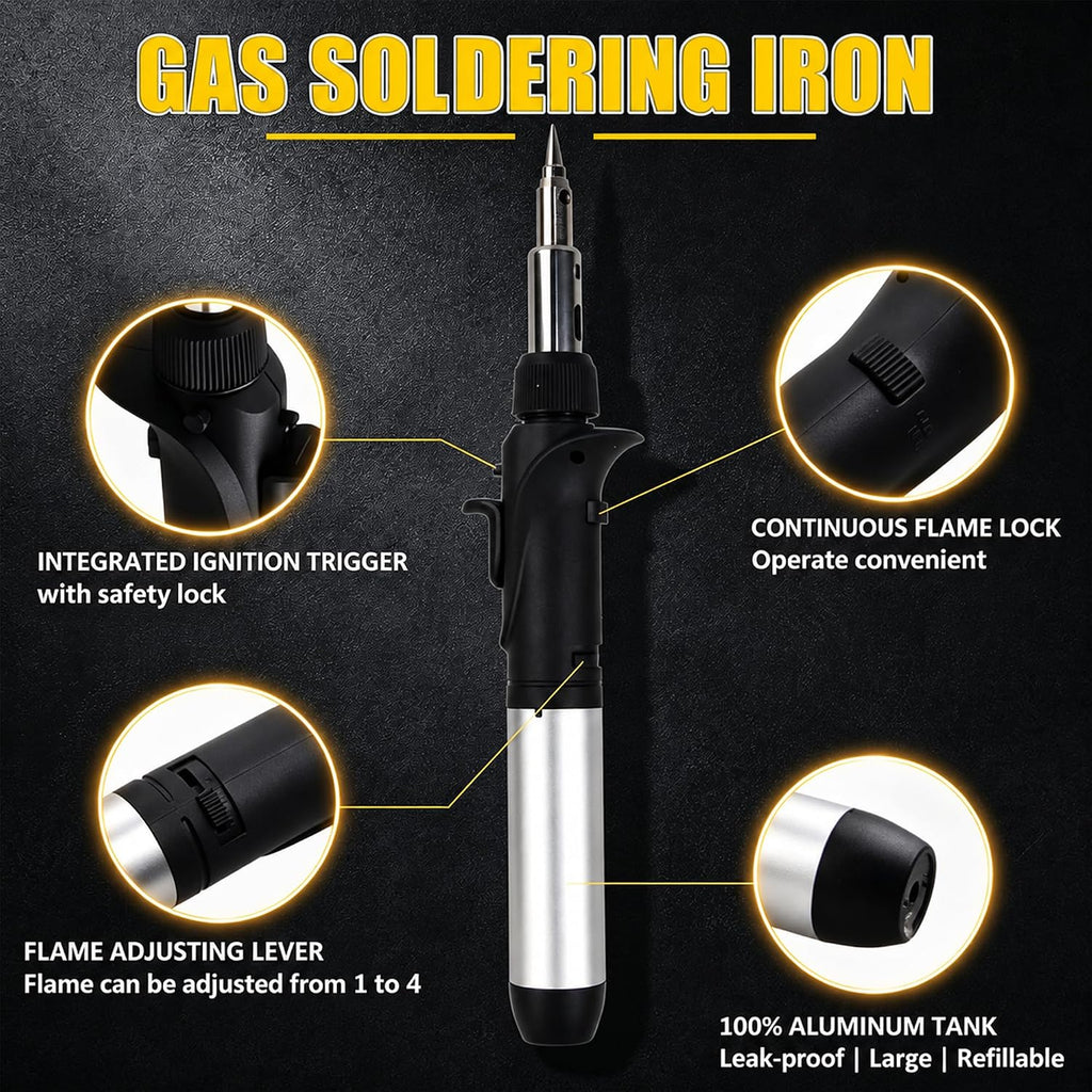Butane Soldering Iron Kit Self Ignite Gas Torch with 6 Tips | Self-ignite butane soldering torch with adjustable