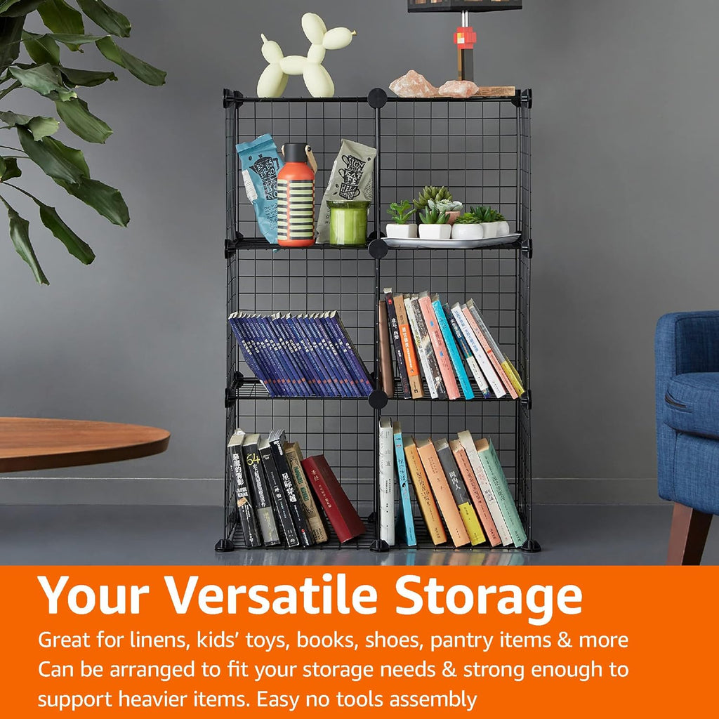 6-Cube Wire Grid Stackable Storage Organizer, Metal Shelving Unit, No-Tool Assembly, 26"W x 38"H x 12.6"D, Black