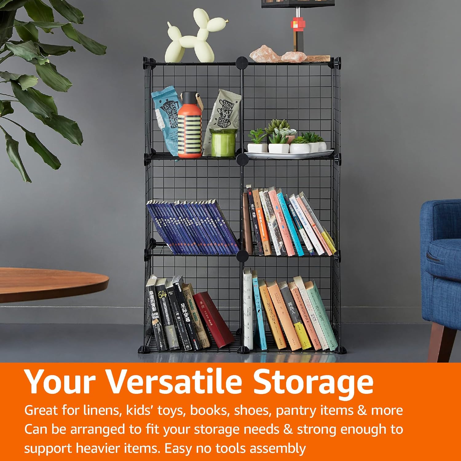 6-Cube Wire Grid Stackable Storage Organizer, Metal Shelving Unit, No-Tool Assembly, 26"W x 38"H x 12.6"D, Black
