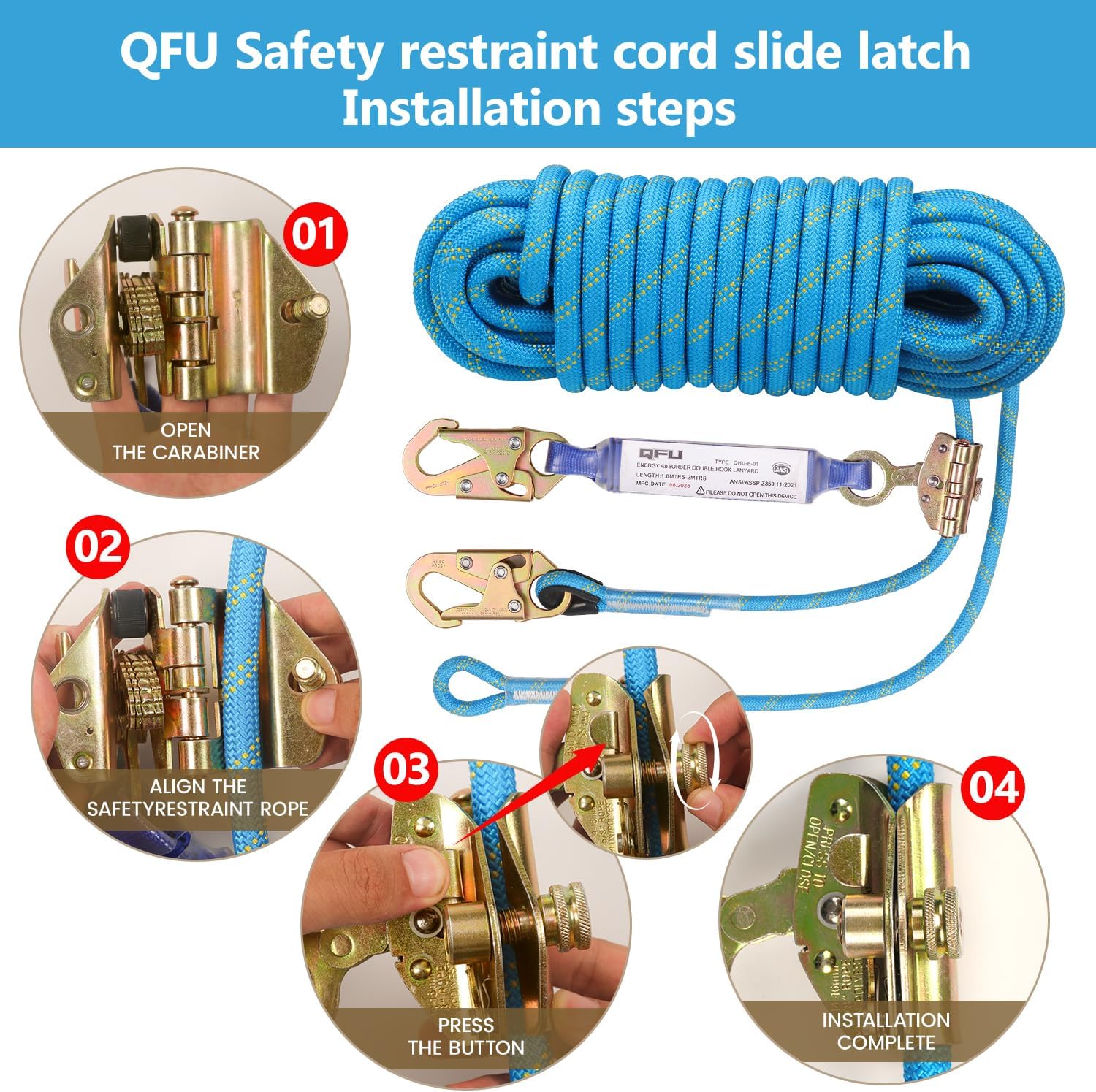 Heavy Duty Fall Protection Rope for roof & tree climbing. Includes safety harness, alloy steel clips, shock-absorbing