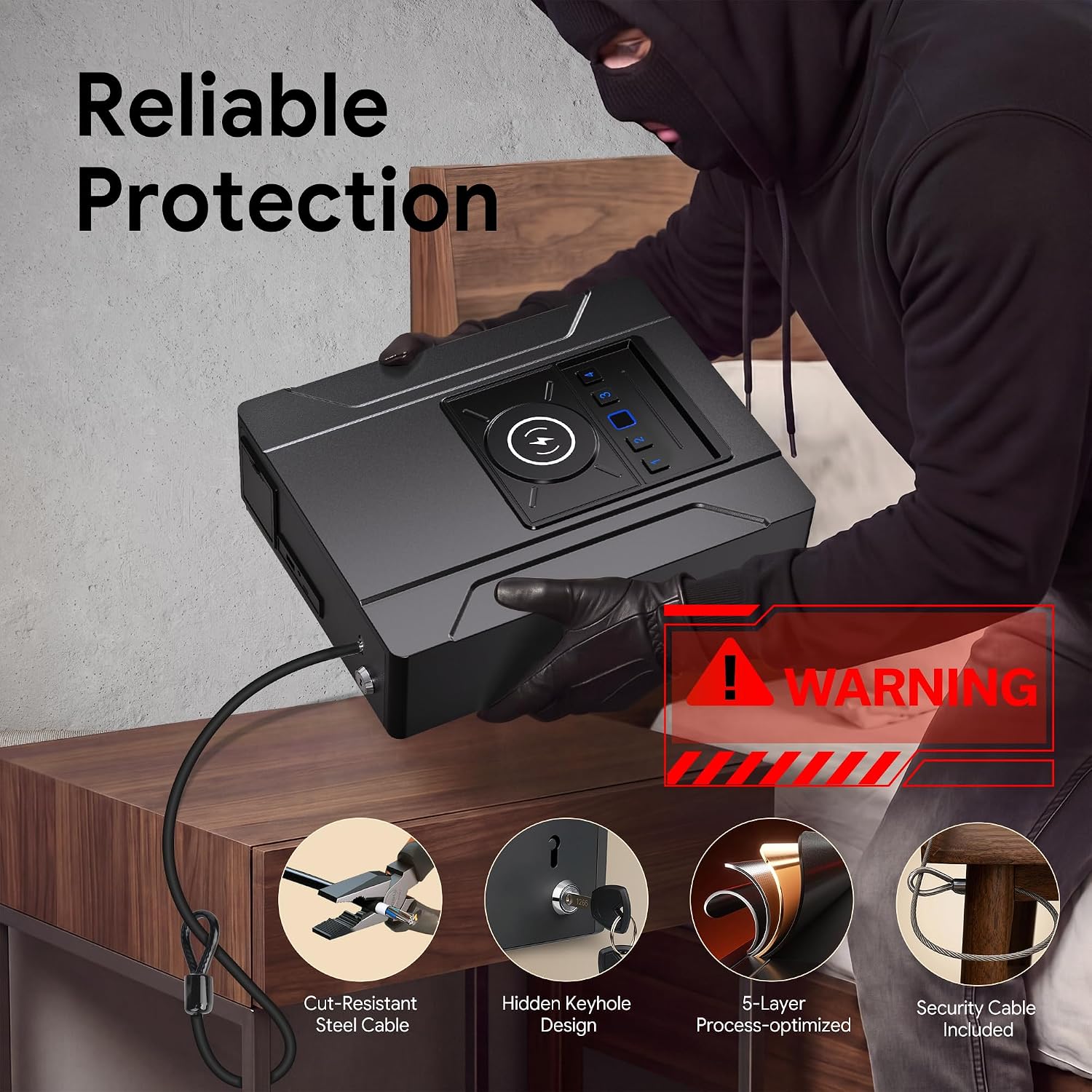 Bedside Gun Safe with Wireless Charging - Biometric Safe with Fast Fingerprint, Backup Key & USB-C Emergency Unlock