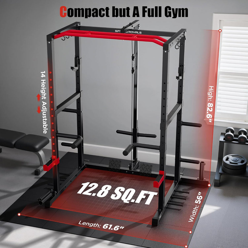 Power Rack, Multi-Functional Power Cage, Squat Rack with Pulley System & LAT Pull Down, Workout Cage with J Hooks for