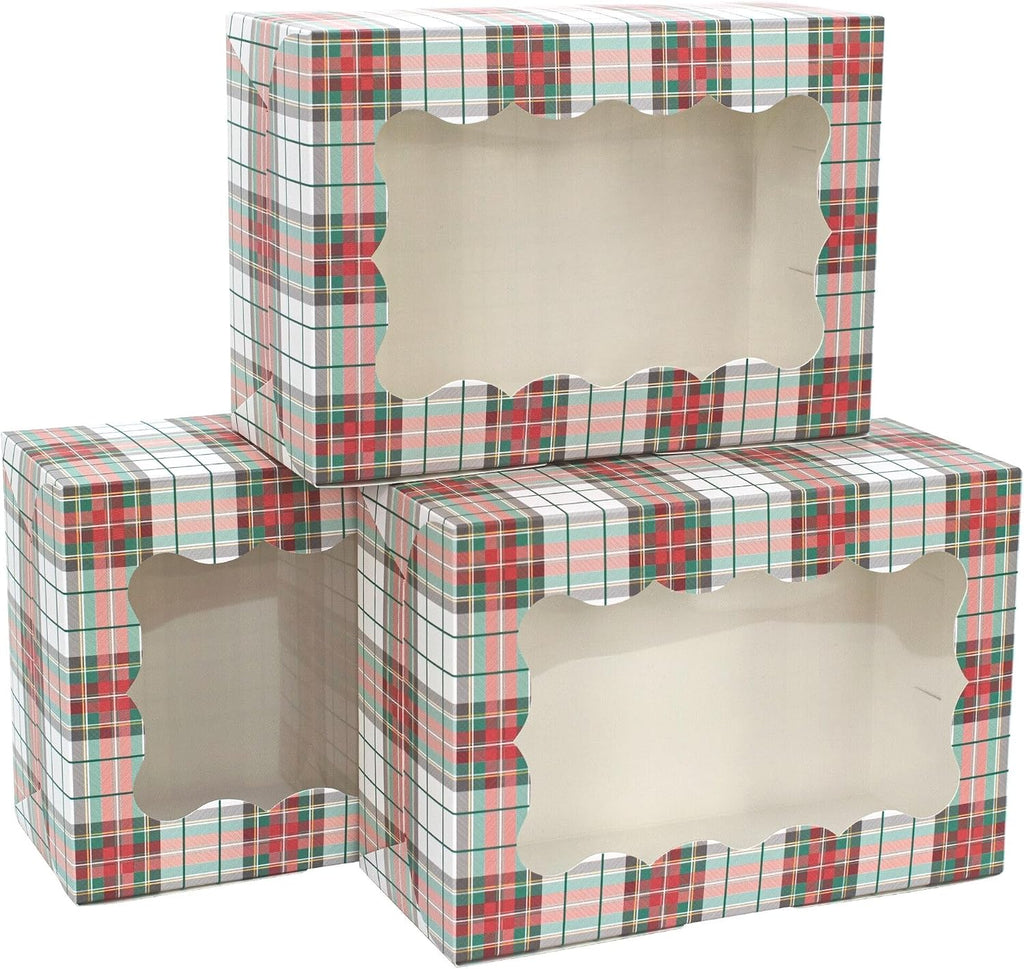 Christmas Cookie Boxes - 12 Pack - Tartan Plaid Bakery Gift Box with Window