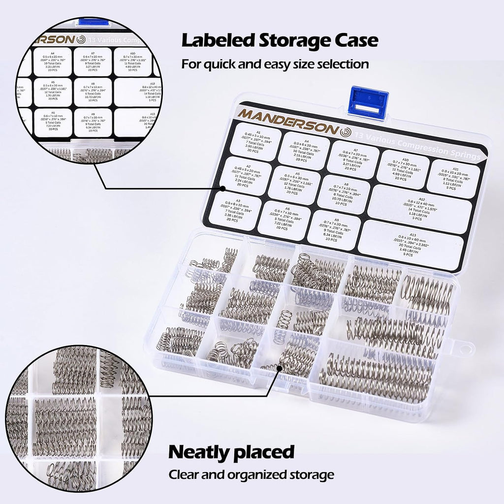 185 Pcs Compression Springs Assortment Kit, 13 Different Sizes, Stainless Steel Springs, Mechanical Springs