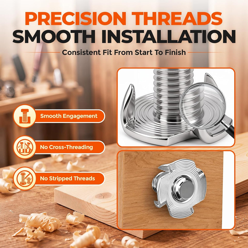 16 Sets 1/4-20 T Nuts & 3/4 in Bolts Kit, 304 Stainless Steel 4-Prong T Nut