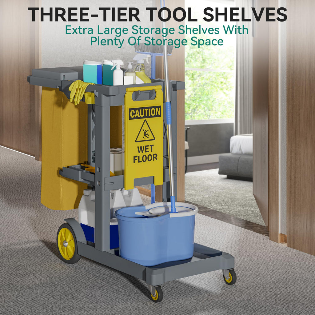 3-Shelf Cleaning Carts on Wheels, Grey Janitorial Cart