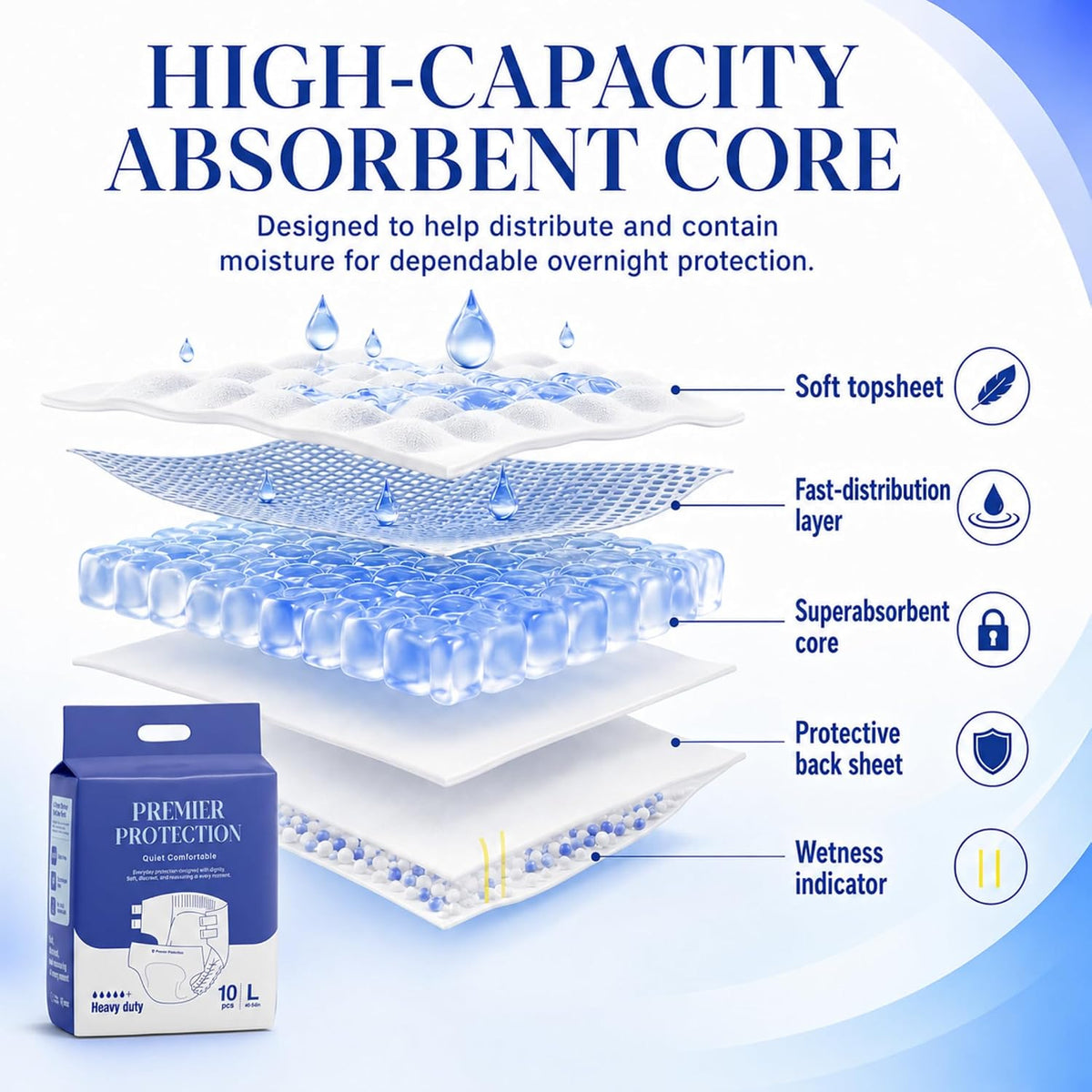 Adult Incontinence Briefs Tab Style, Heavy Absorbency with Wetness Indicator, Refastenable Tabs, Breathable & Soft