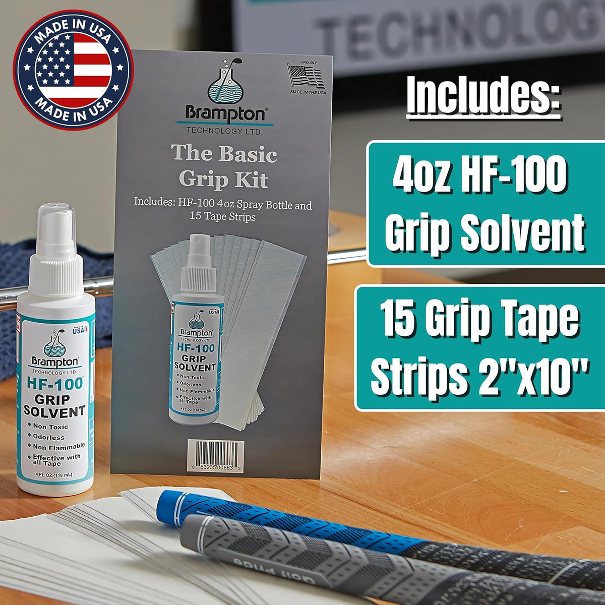 Brampton Basic Golf Grip Kit for Golf Club Regripping - 15 Premium 2"x10" Golf Grip Tape Strips, & 4 oz HF-100