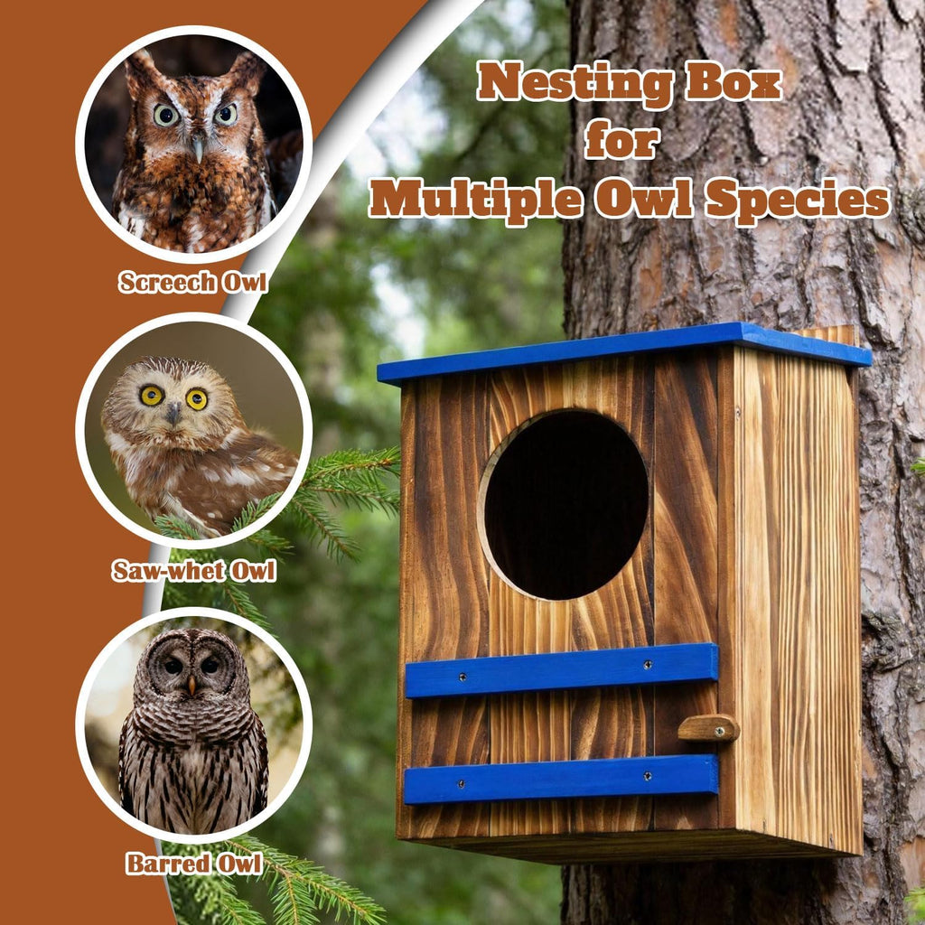 Screech Owl House for Outdoors,10"x10"x15" Large Carbonized Wood Barred Owl Nesting Box, Weather-Resistant Bird House