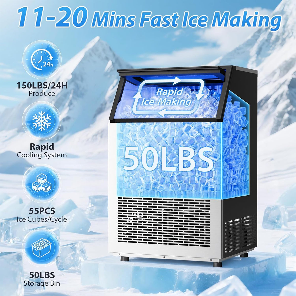 Commercial Ice Maker Machine, 150Lbs/24H Undercounter/Freestanding Ice Machine with Self-Priming Gallon Water& Facuet