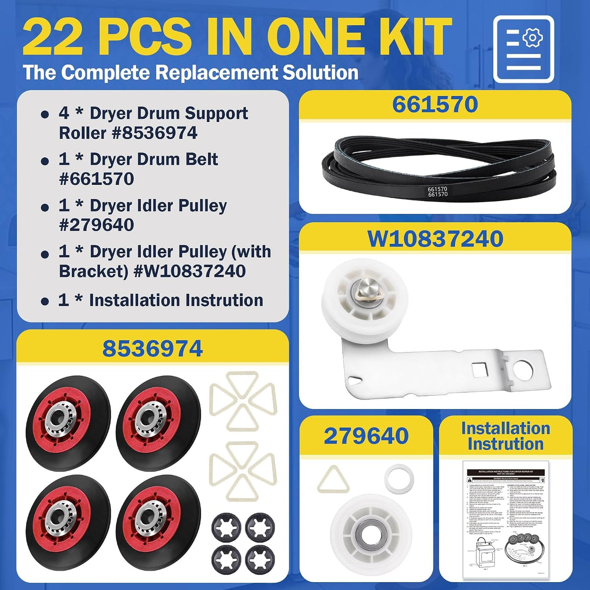 WED8300SW0 WED9150WW0 WED9050XW1 Dryer Roller Belt Kit Fit for Whirl-pool