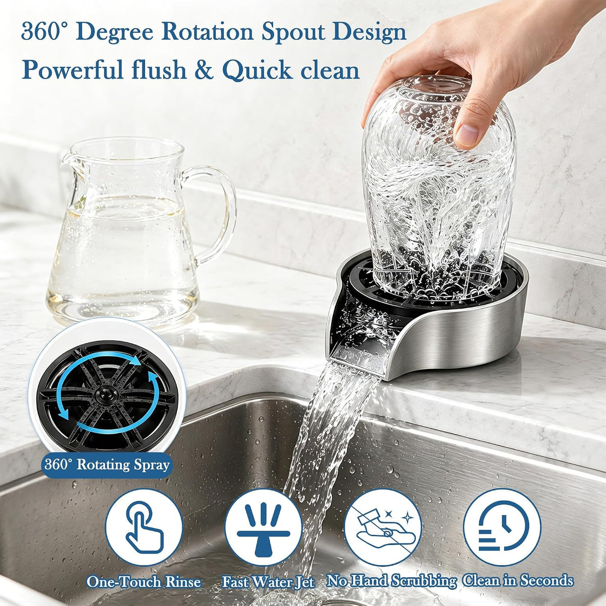 Brushed Nickel Metal Glass Rinser for Kitchen Sink, Cup Washer for Sink, Bottle Washer with Pull-Out Sprayer Combo