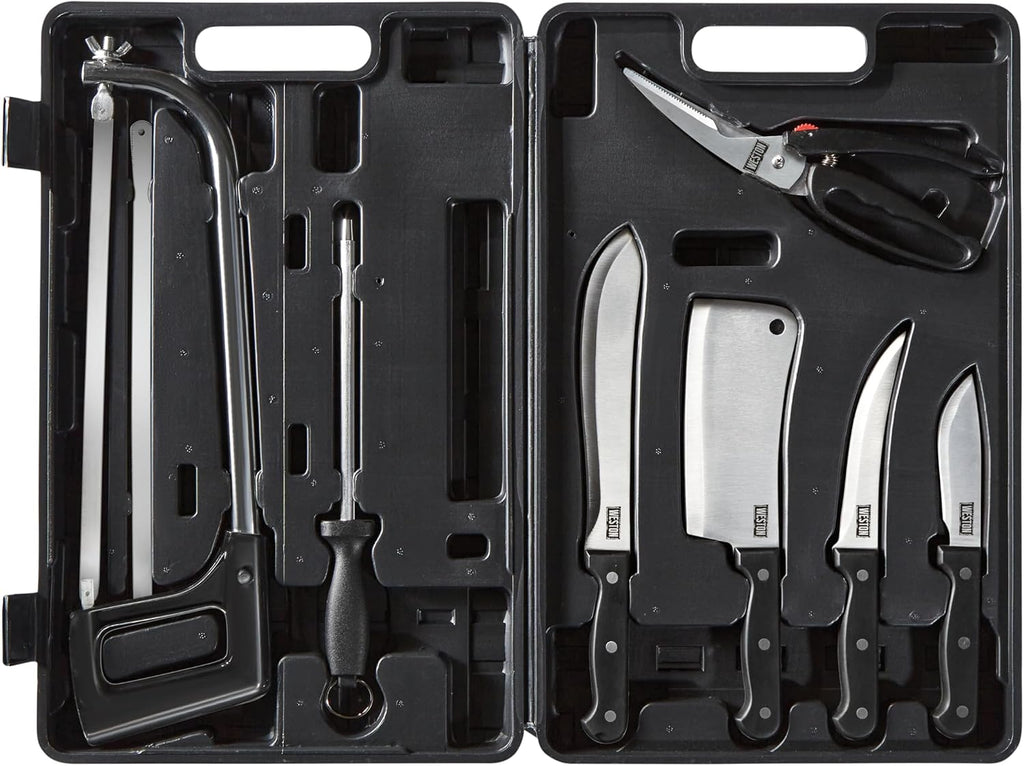 10-Piece Game Processing Knife Kit, 8" Butcher, 6" Cleaver, 5.3" Fillet, and 4.2" Skinning Knives, Adjustable 12.25"