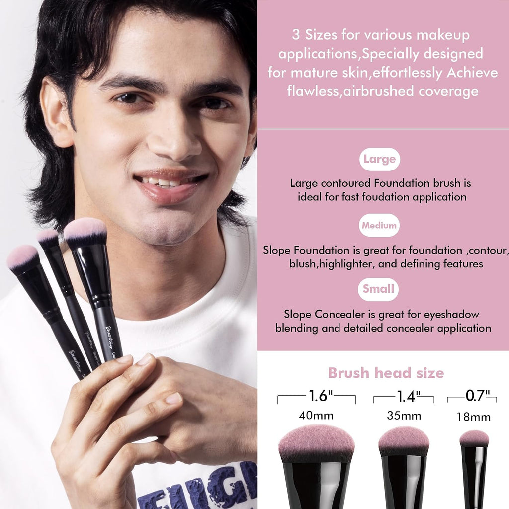 3Pcs Slope Face Foundation Makeup brushes,Soft Dense Hair
