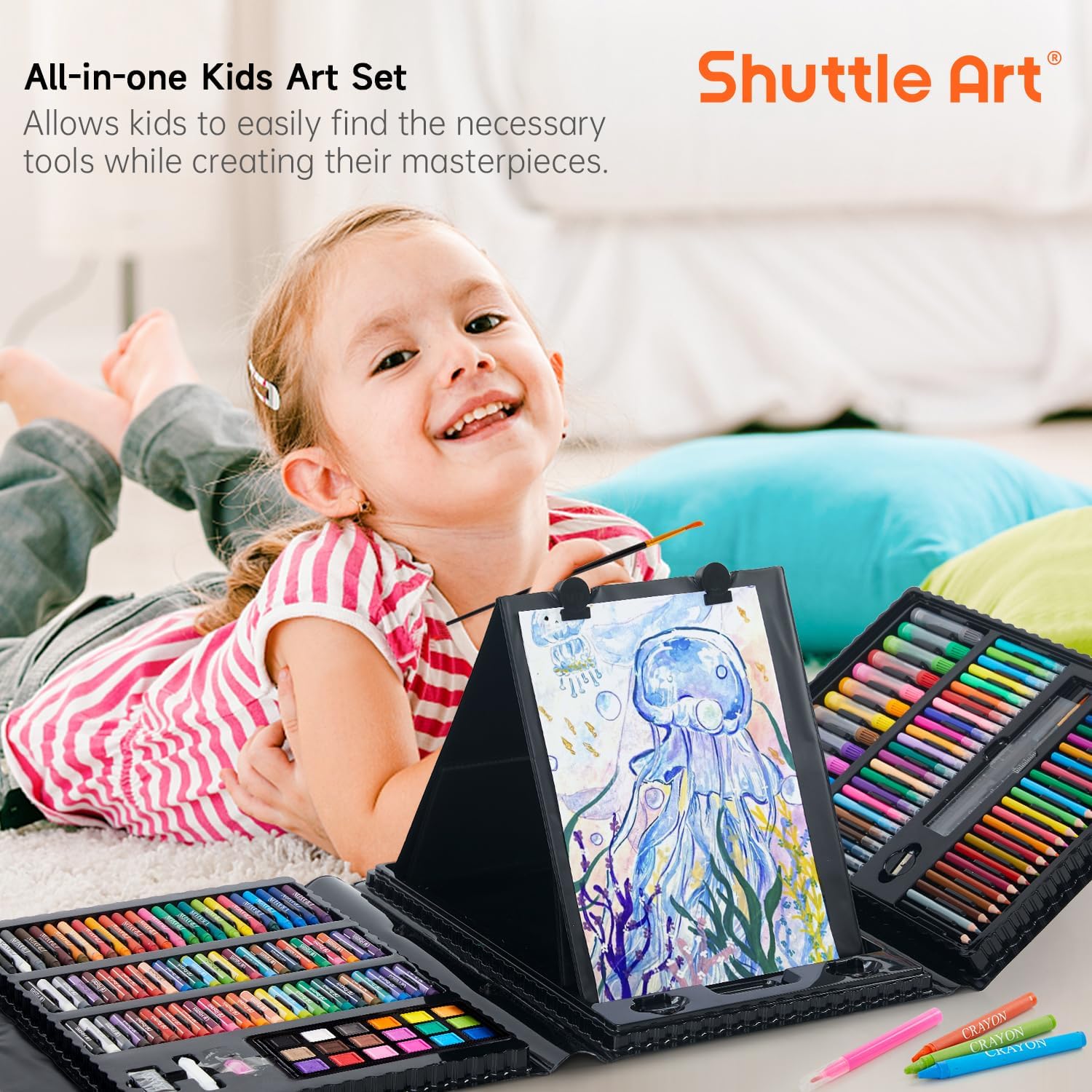 335 Piece Kids Art Set, Multi-Media Art Supplies, Gift Art Kit with Trifold Easel, 2 Drawing Pads, 2 Coloring Books
