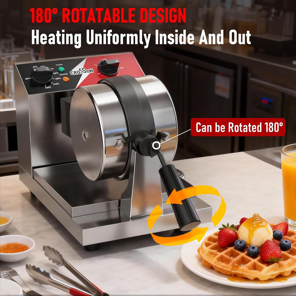 Commercial Waffle Maker,Professional Round Belgian Waffle Maker Rotating 180° Non-Stick Plate Machine with Temp and