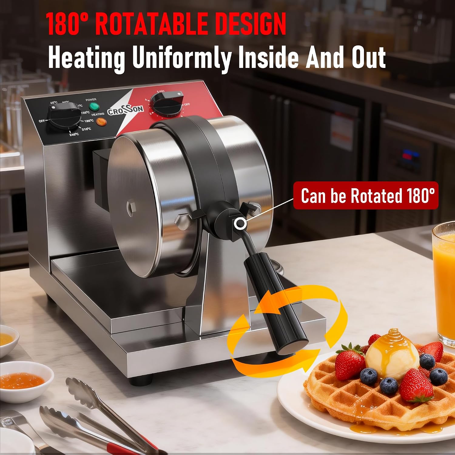 Commercial Waffle Maker,Professional Round Belgian Waffle Maker Rotating 180° Non-Stick Plate Machine with Temp and