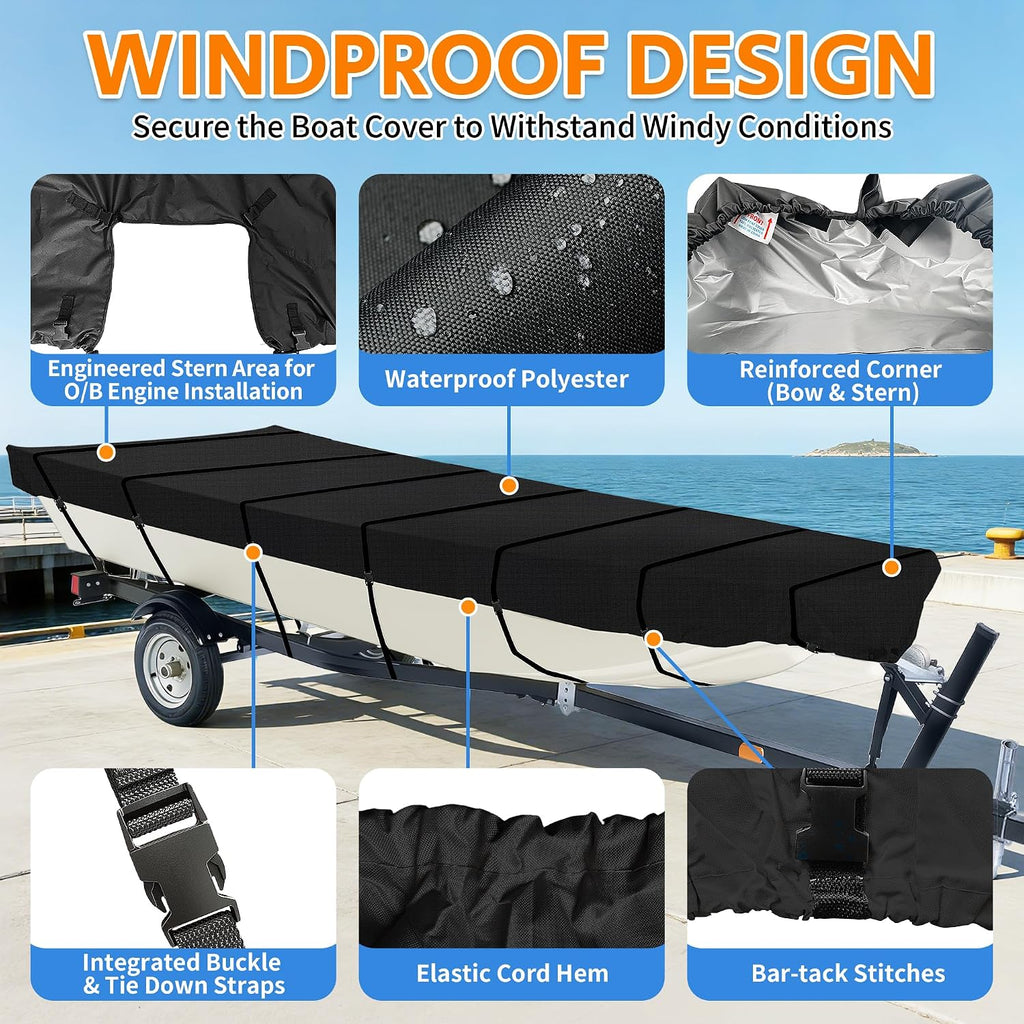 iCOVER Jon Boat Cover 16ft, Heavy Duty Waterproof Marine Grade Polyester Canvas Mooring Cover, Anti-UV Trailerable