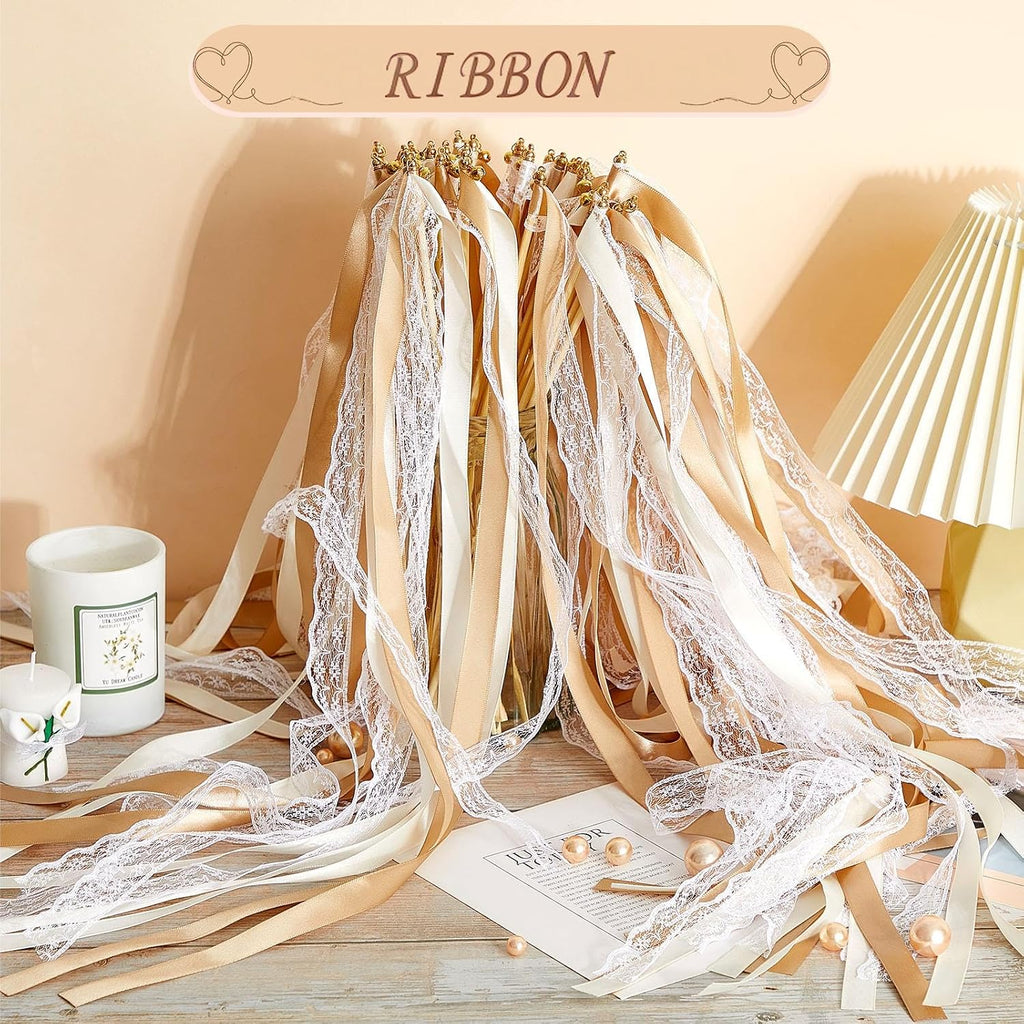 150 Pcs Lace Ribbon Stick Wands Wedding Wand Streamers with Bell Wedding Send Off Streamer(Champagne, Beige)