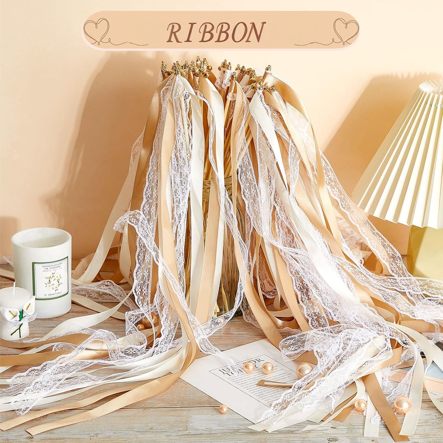 150 Pcs Lace Ribbon Stick Wands Wedding Wand Streamers with Bell Wedding Send Off Streamer(Champagne, Beige)