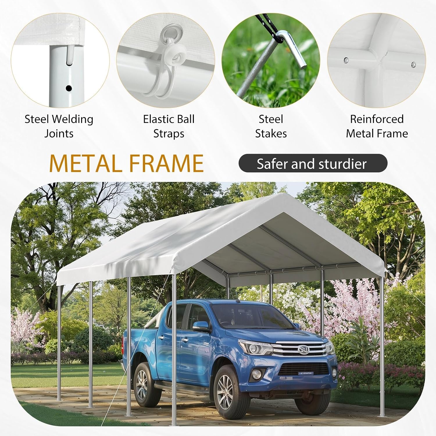 10x20 ft Heavy Duty Carport, Adjustable Height Portable Garage, White | Car Canopy for Cars, Boats, Trucks, Outdoor