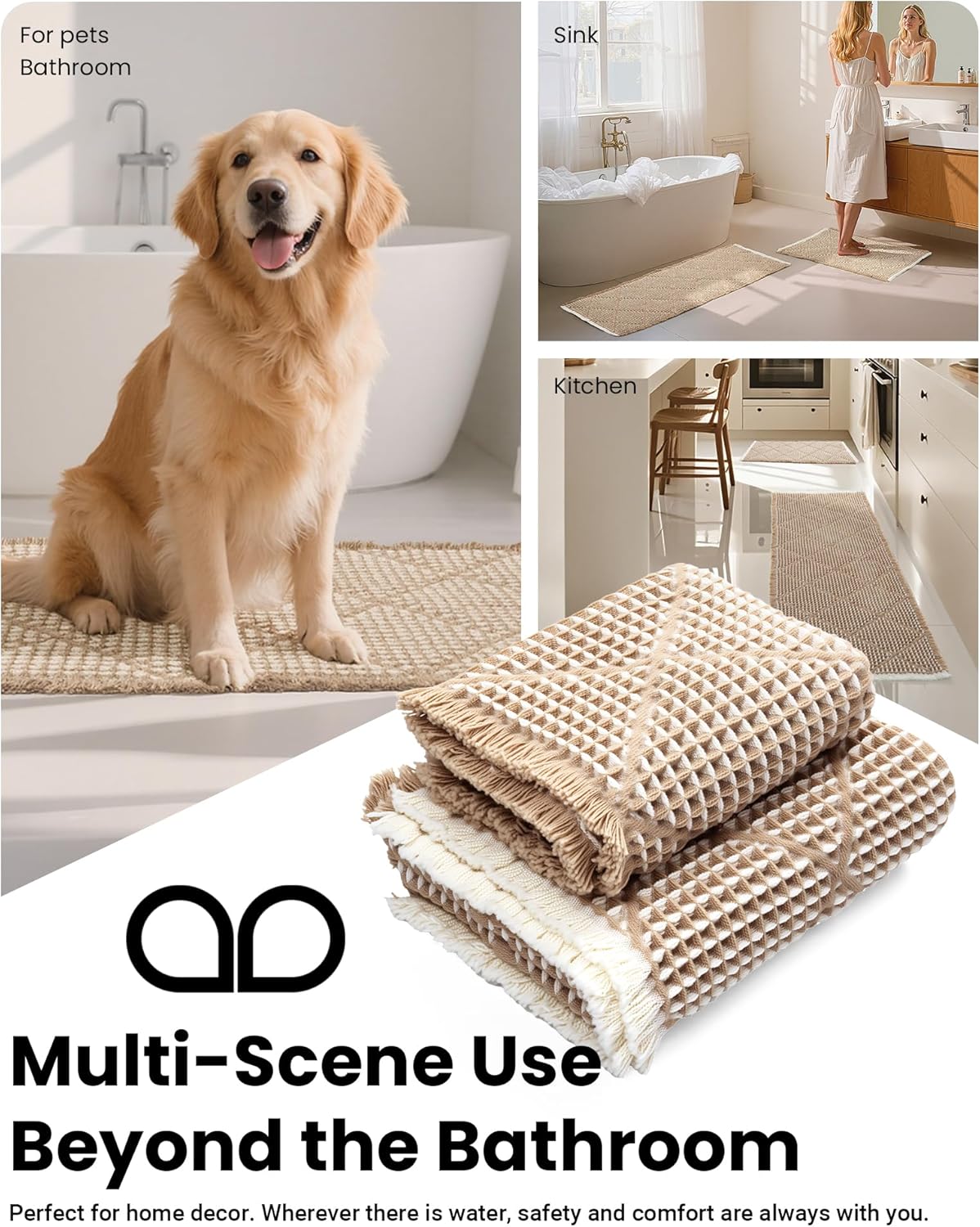 Waffle Bath Mat Set, Non Slip Bathroom Rugs 2 Piece, Brown & White | Ultra Absorbent Long Bath Rug Runner for